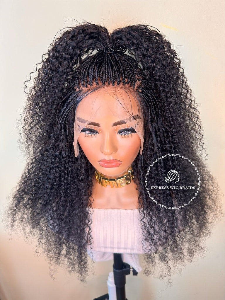 100% Human Hair Kinky Curly Micro Virgin Braid Wig Full Lace- Miami 1