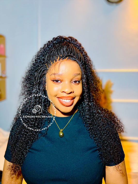 100% Human Hair Kinky Curly Micro Virgin Braid Wig Full Lace- Miami