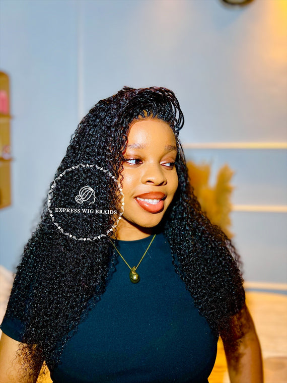 100% Human Hair Kinky Curly Micro Virgin Braid Wig Full Lace- Miami