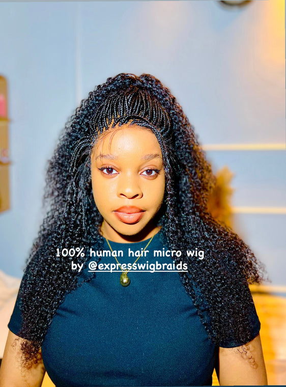 100% Human Hair Kinky Curly Micro Virgin Braid Wig Full Lace- Miami