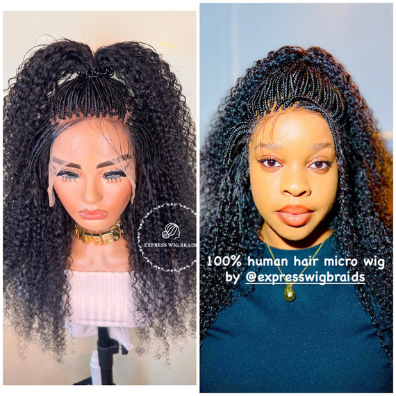 100% Human Hair Kinky Curly Micro Virgin Braid Wig Full Lace- Miami